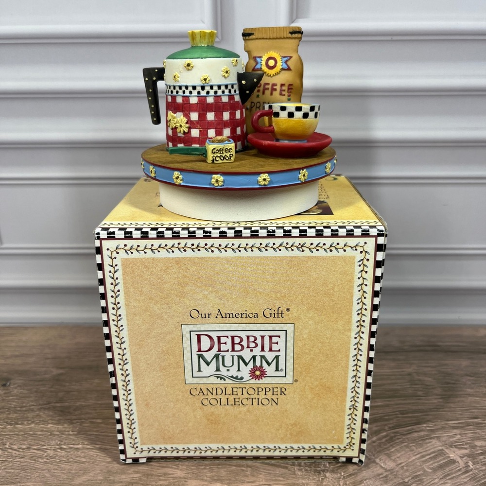 Debbie Mumm Candle Topper Red Morning Coffee Pots II Folk Art Resin New Open Box